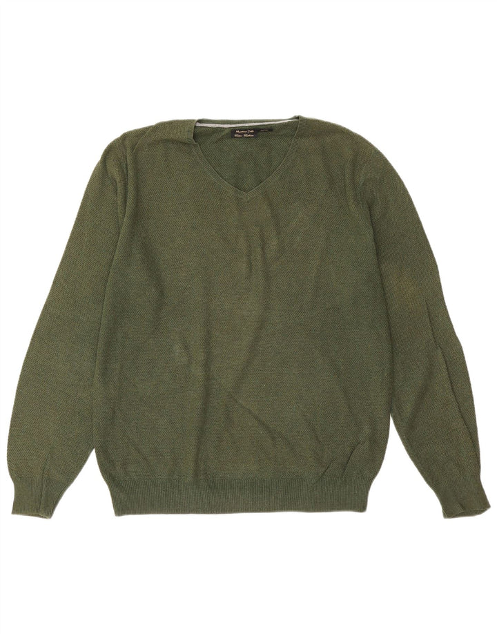 Massimo Dutti Mens V-Neck Jumper Sweater Large Green Cotton