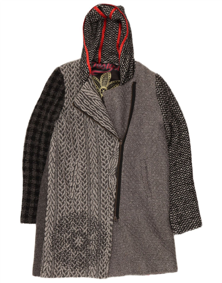 DESIGUAL Womens Graphic Hooded Overcoat EU 40 Medium Grey Check