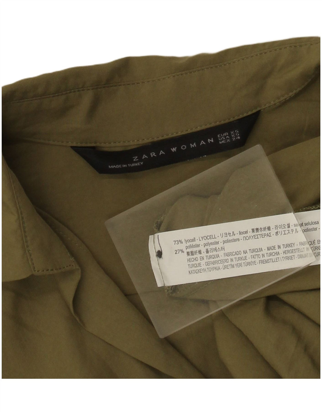 Zara Womens 3/4 Sleeve Oversized Pullover Shirt UK 6 XS Khaki Lyocell