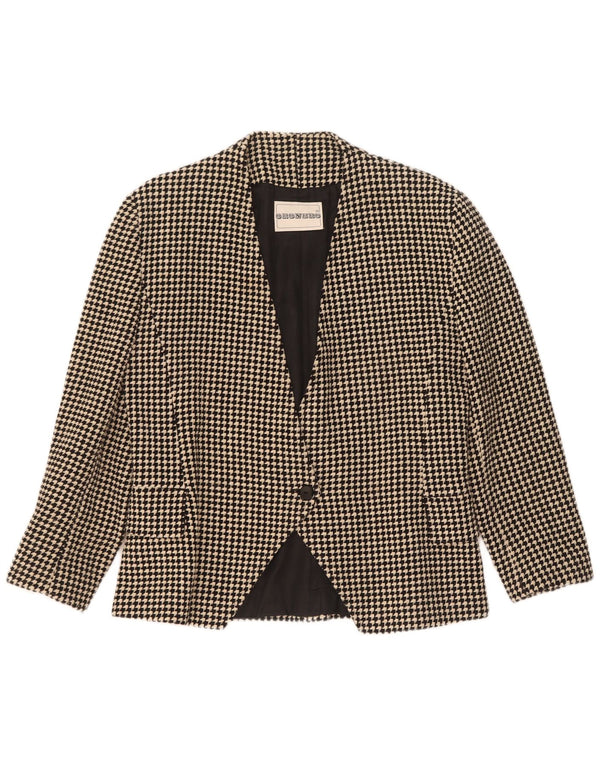 vintage Femme 1 Bouton Blazer Veste UK 14 Moyen Noir Pied-de-poule Laine