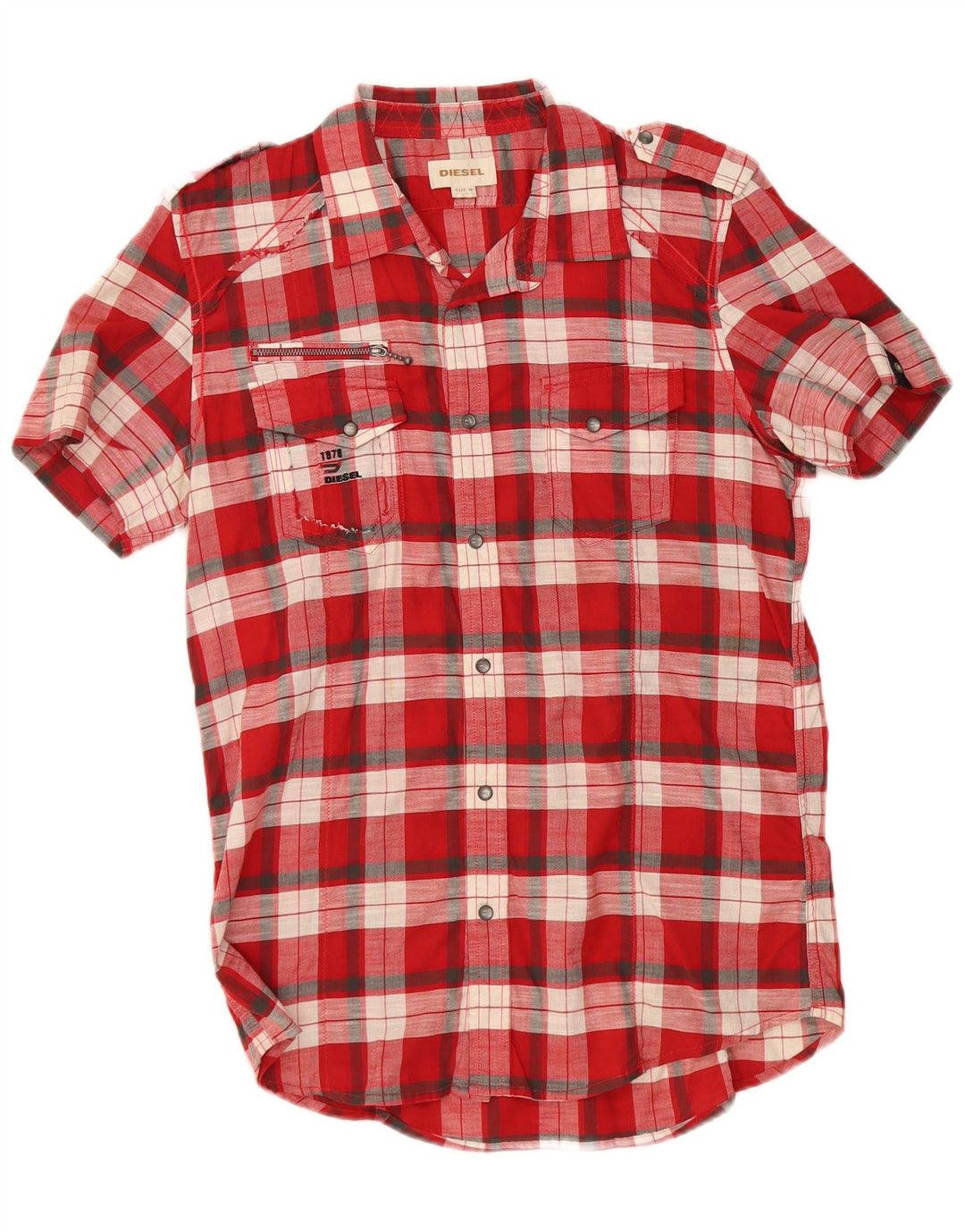 Diesel Mens Short Sleeve Military Shirt Medium Red Check Cotton