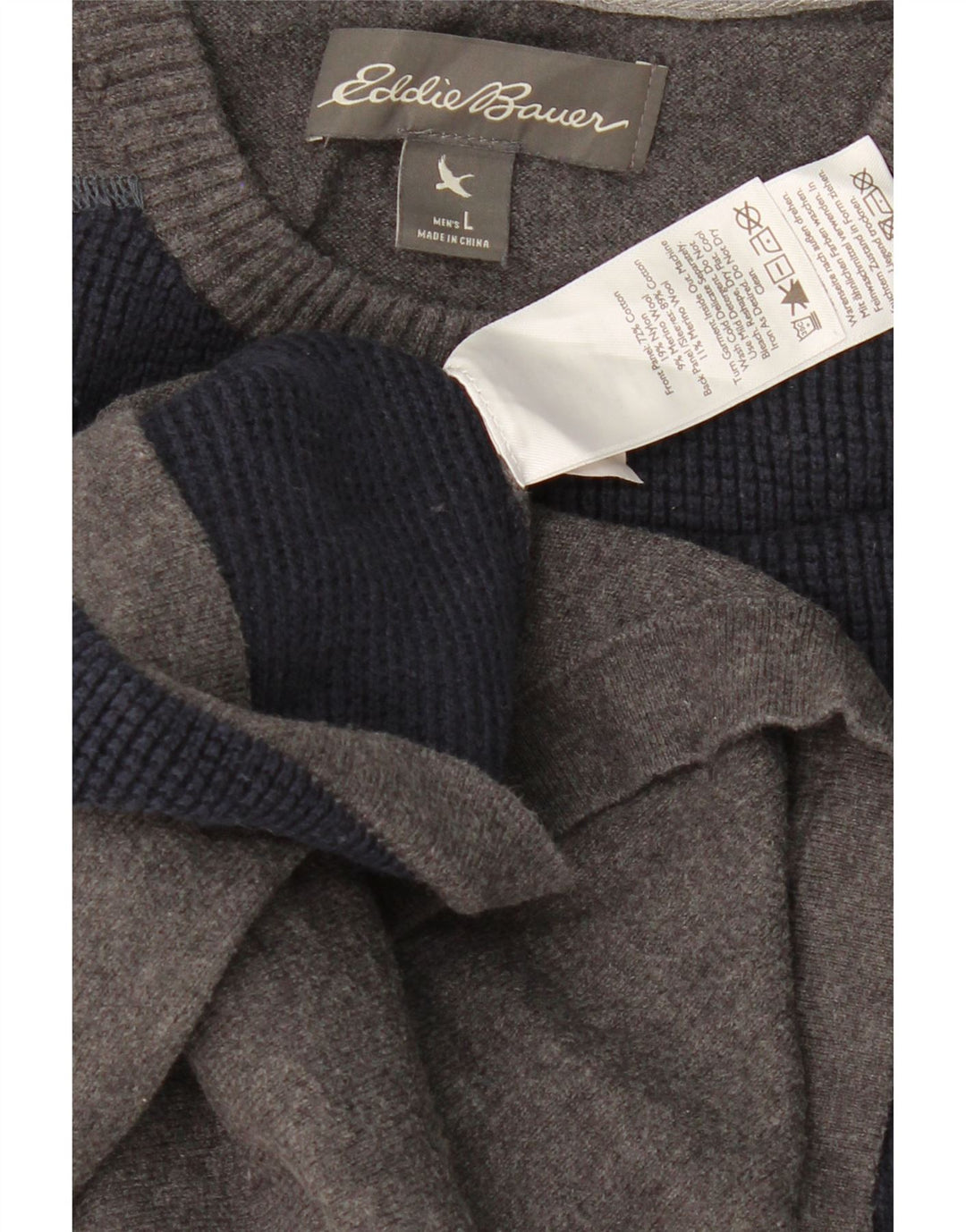 EDDIE BAUER Mens Crew Neck Jumper Sweater Large Navy Blue Colourblock Vintage Eddie Bauer and Second-Hand Eddie Bauer from Messina Hembry 