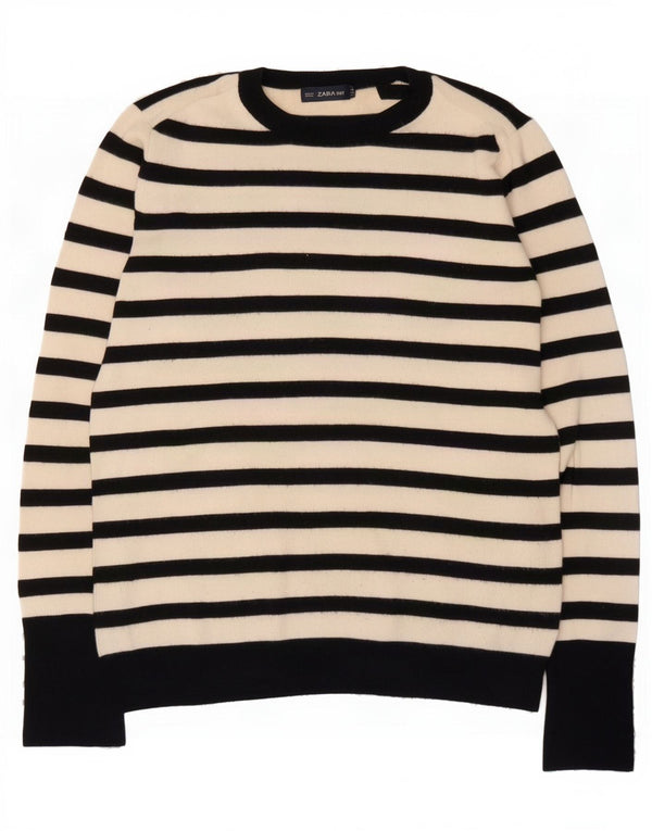 Zara Damen-Pullover mit Rundhalsausschnitt, Gr. 44, groß, weiß gestreift