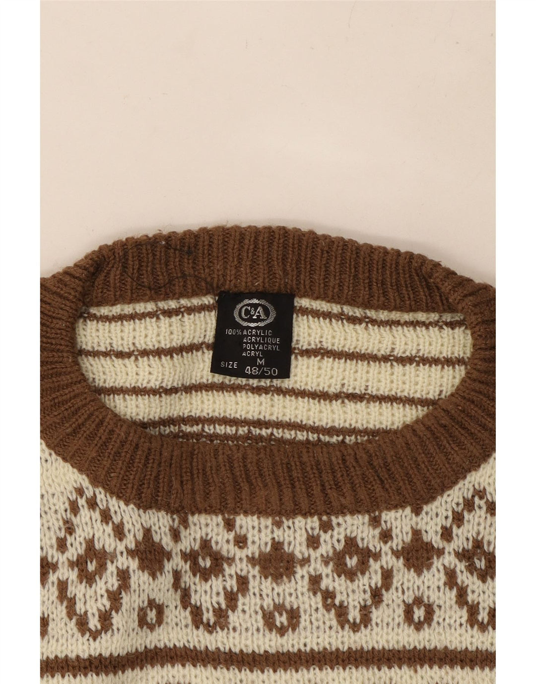C & A Mens Crew Neck Jumper Sweater IT 48/50 Medium Beige Fair Isle