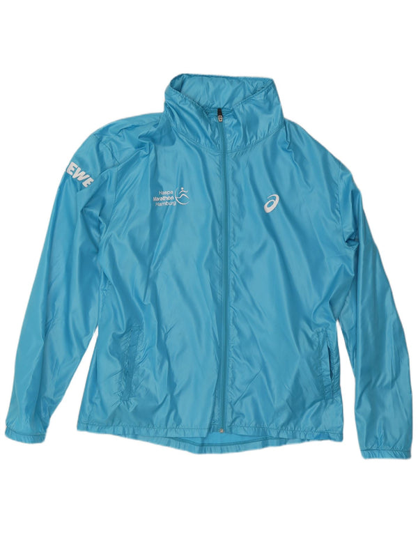 Jaqueta de chuva masculina Asics Graphic com capuz UK 40 grande poliéster azul