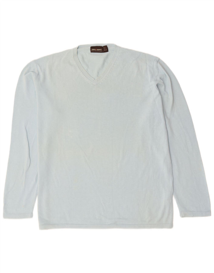 Zara Mens V-Neck Jumper Sweater Large Blue Cotton