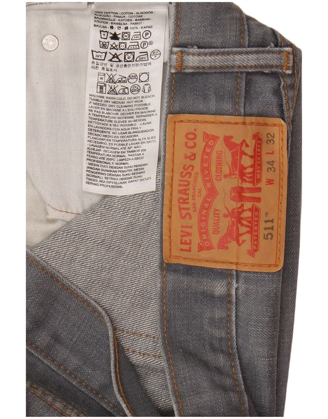 Levi's Mens 511 Slim Jeans W34 L32 Grey Cotton