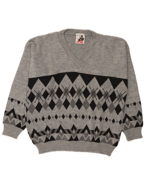 Vintage Mens V-Neck Jumper Sweater XL Grey Argyle/Diamond Acrylic