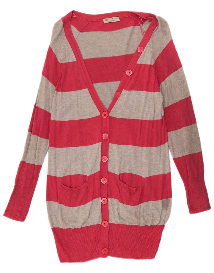 Maglione cardigan lungo da donna Marks & Spencer UK 14 a righe rosa medio