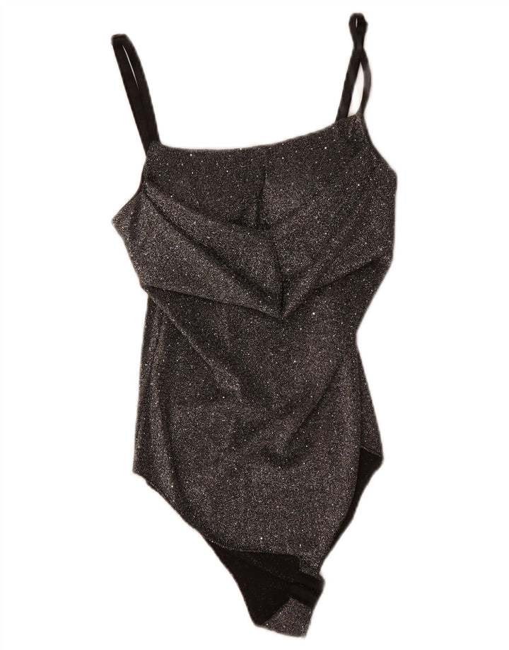 vintage Womens Body sans manches UK 8 Petit polyester moucheté noir