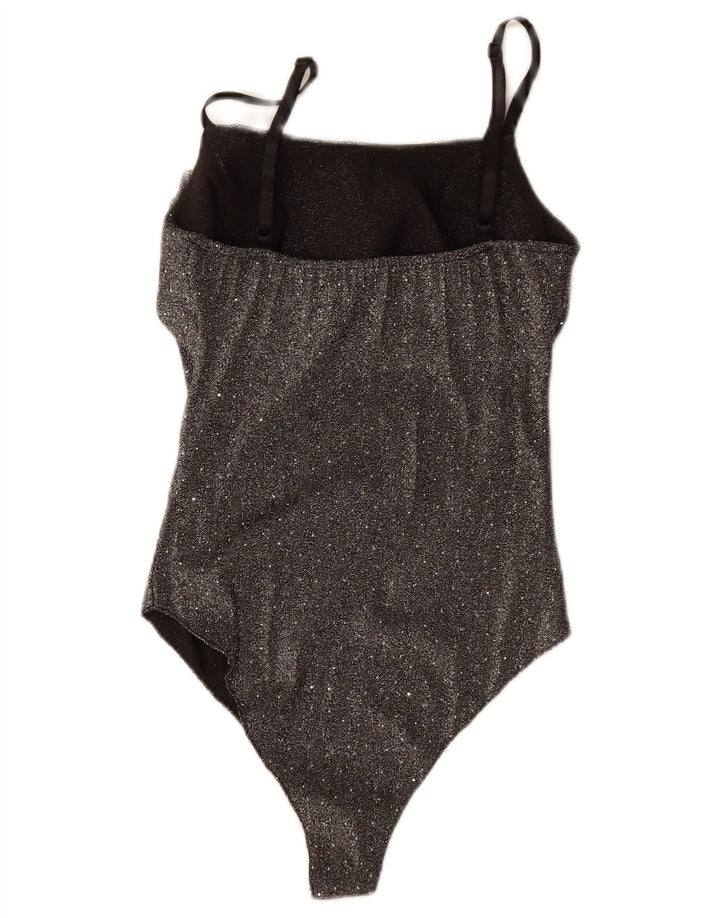 vintage Womens Body sans manches UK 8 Petit polyester moucheté noir