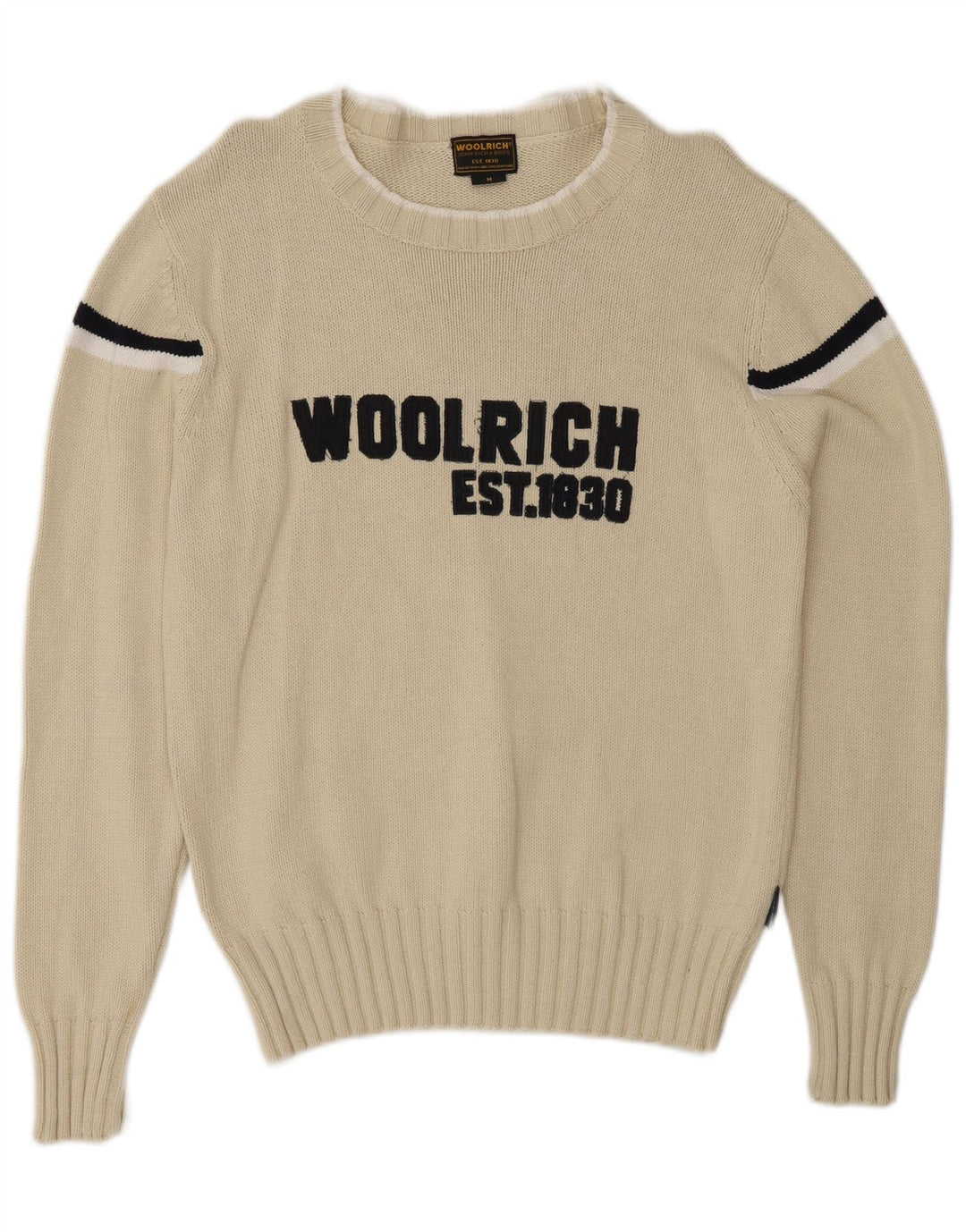 Woolrich Mens Graphic Boat Neck Jumper Sweater Medium Off White Striped