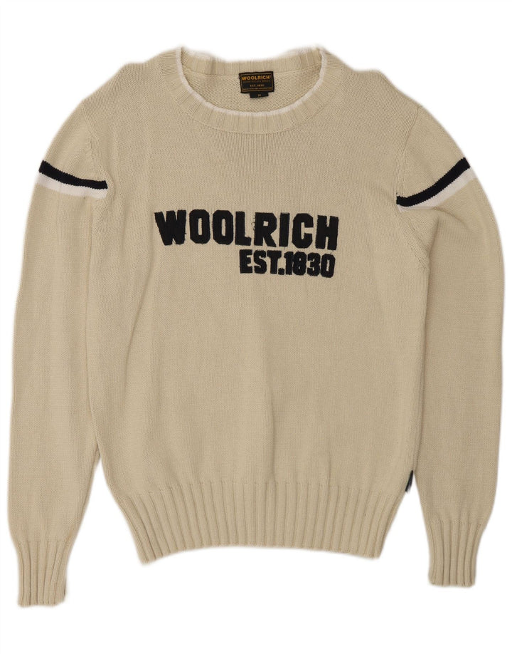 Woolrich Mens Graphic Boat Neck Jumper Sweater Medium Off White Striped