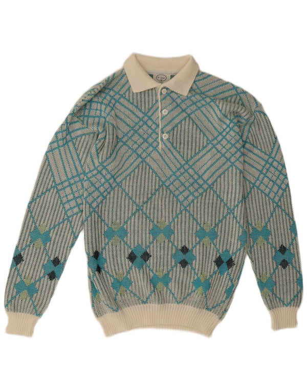 Vintage herre polo hals sweater medium blå geometrisk