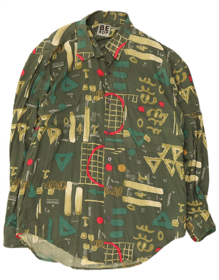 Cămașă Vintage Bărbați Medium Verde Geometrică Viscoză