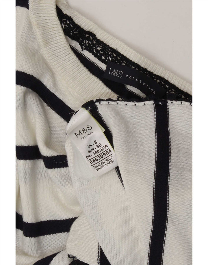 Marks & Spencer Womens Top 3/4 Sleeve UK 8 Small White Striped Cotton