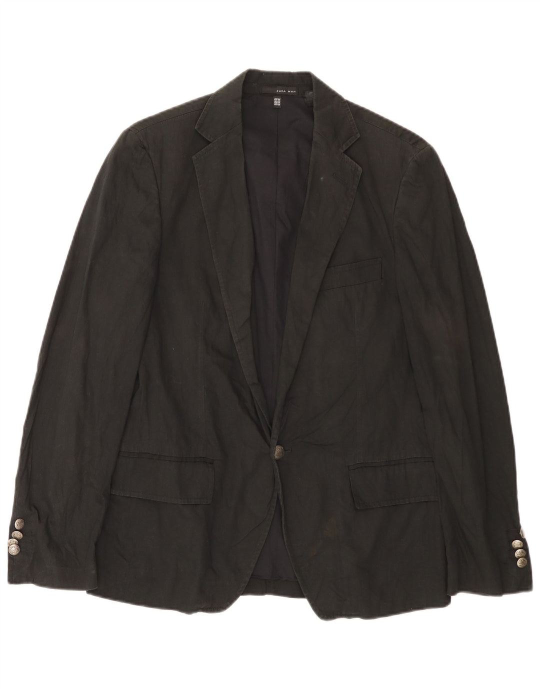 Zara Mens 1 Button Blazer Jacket EU 46 Small Black Cotton