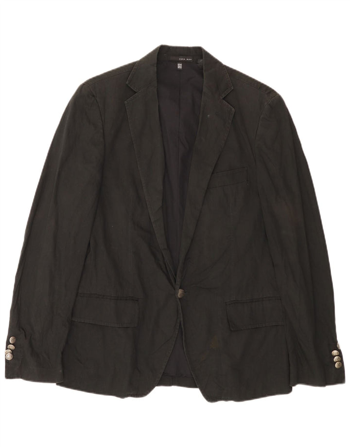 Zara Mens 1 Button Blazer Jacket EU 46 Small Black Cotton