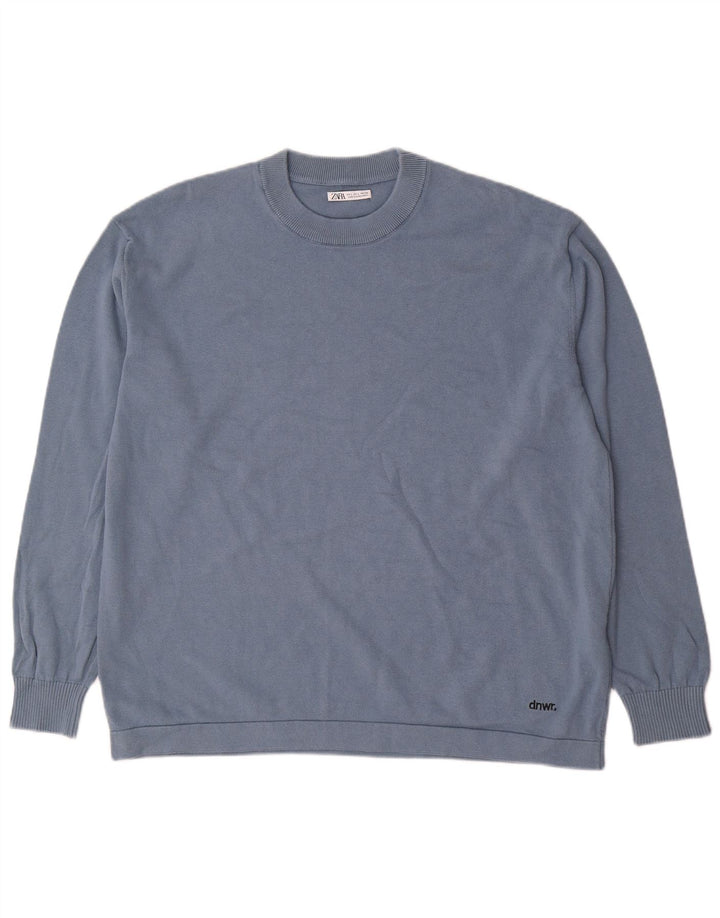 Zara Mens Crew Neck Jumper Sweater Large Blue Cotton