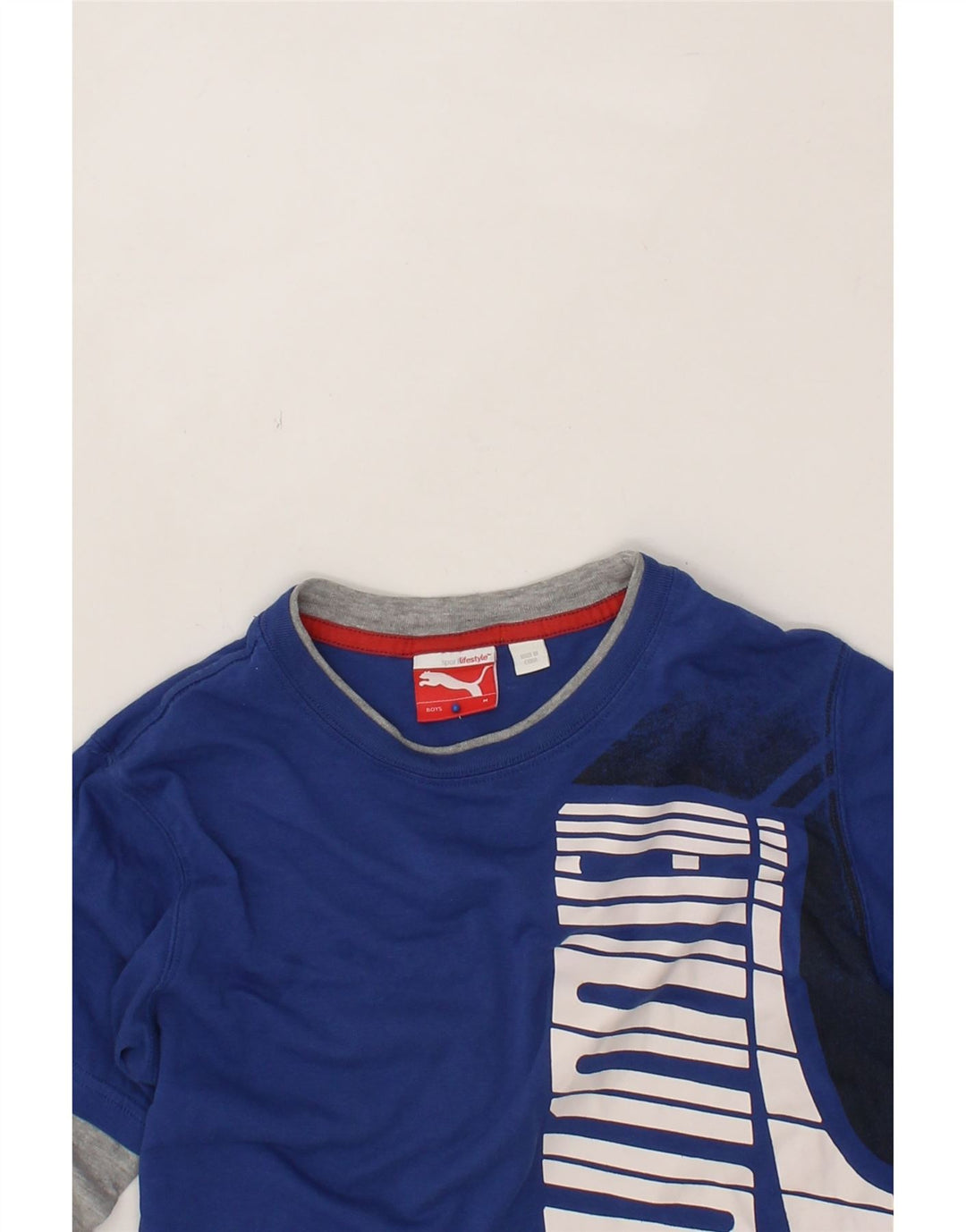 PUMA Boys Graphic Top Long Sleeve 9-10 Years Medium Blue Colourblock Vintage Puma and Second-Hand Puma from Messina Hembry 