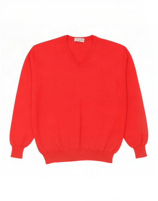 vintage Mens V-Col Jumper Pull Grande Laine Vierge Rouge