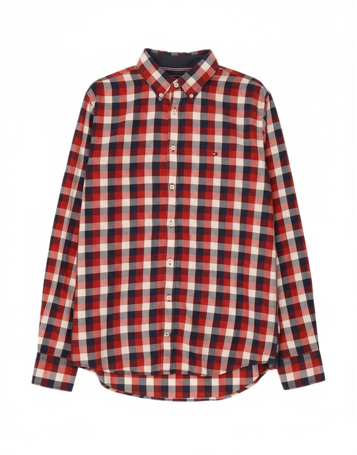 TOMMY HILFIGER Mens Flannel Shirt Medium Red Check Cotton