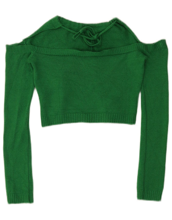 Vintage Womens Crop Knit Off Shoulder Halter Top UK 12 Medium Green Viscose
