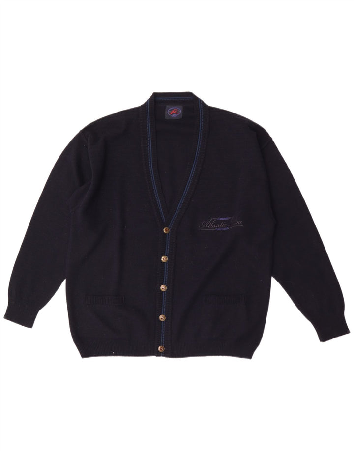 Vintage Mens Graphic Cardigan Sweater XL Navy Blue Wool