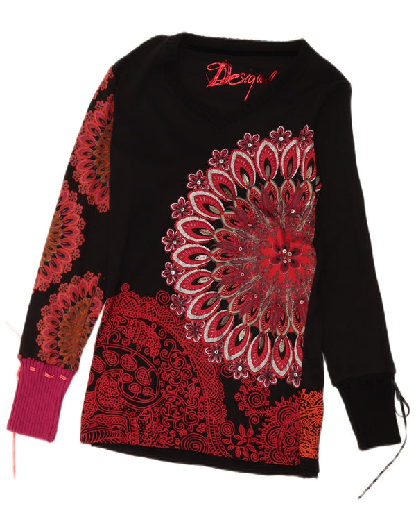 Desigual Haut graphique à manches longues pour femme UK 14 Large Noir Paisley Coton