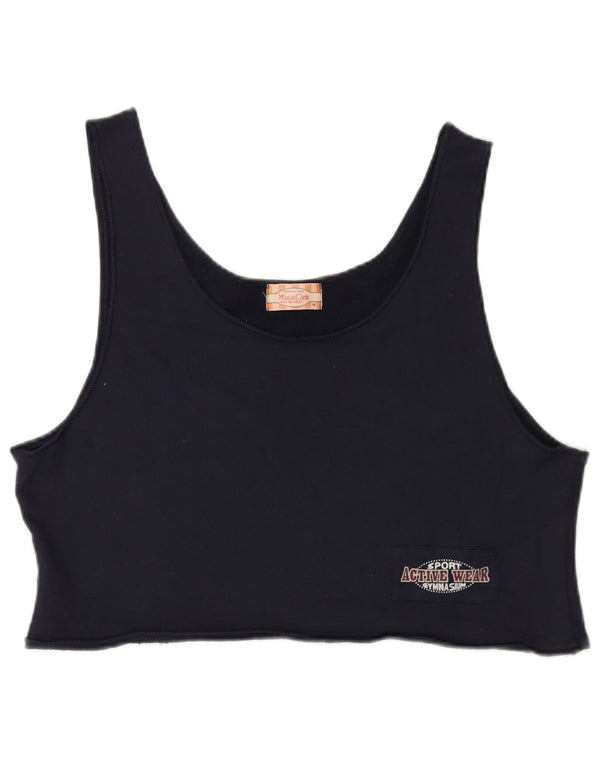Vintage Damen Crop Weste Top UK 14 Medium Marineblau Baumwolle
