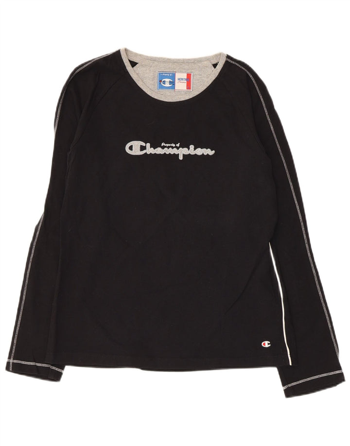 CHAMPION Top grafico da donna a maniche lunghe UK 14 Large Nero