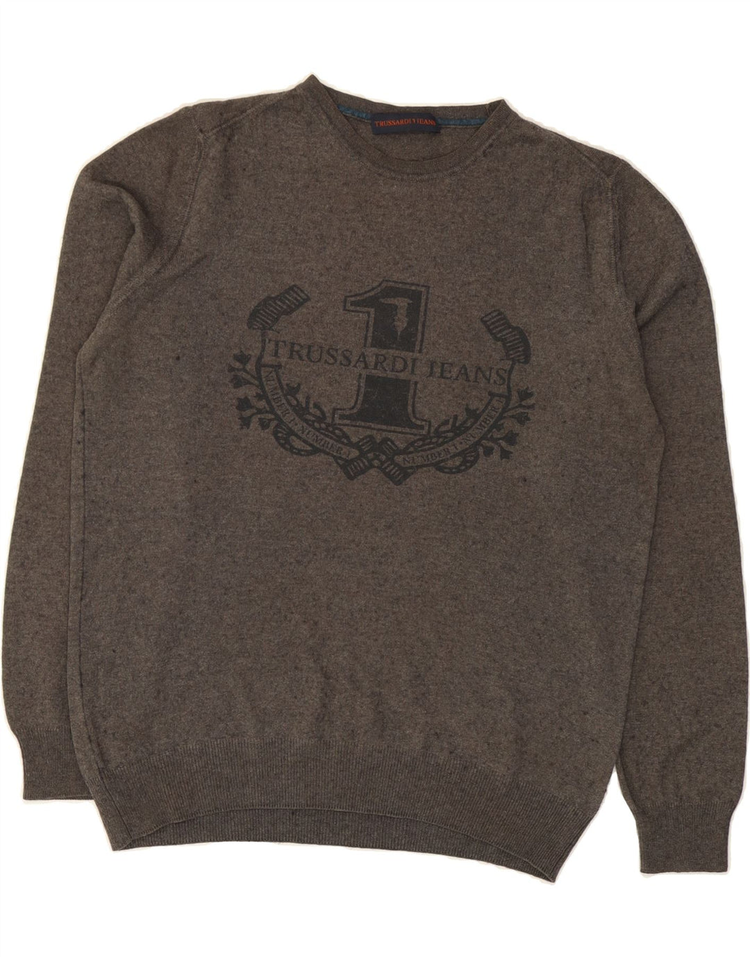 TRUSSARDI Mens Graphic Crew Neck Jumper Sweater Large Grey Vintage Trussardi and Second-Hand Trussardi from Messina Hembry 