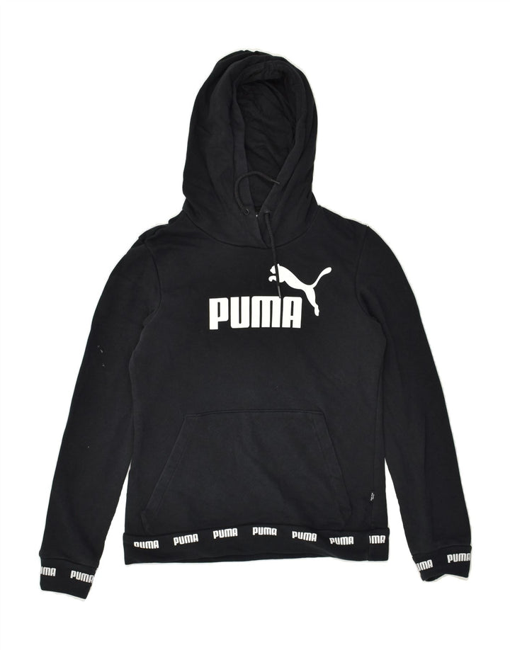PUMA Womens Graphic Hoodie Jumper UK 10 Small Black Cotton | Vintage Puma | Thrift | Second-Hand Puma | Used Clothing | Messina Hembry 