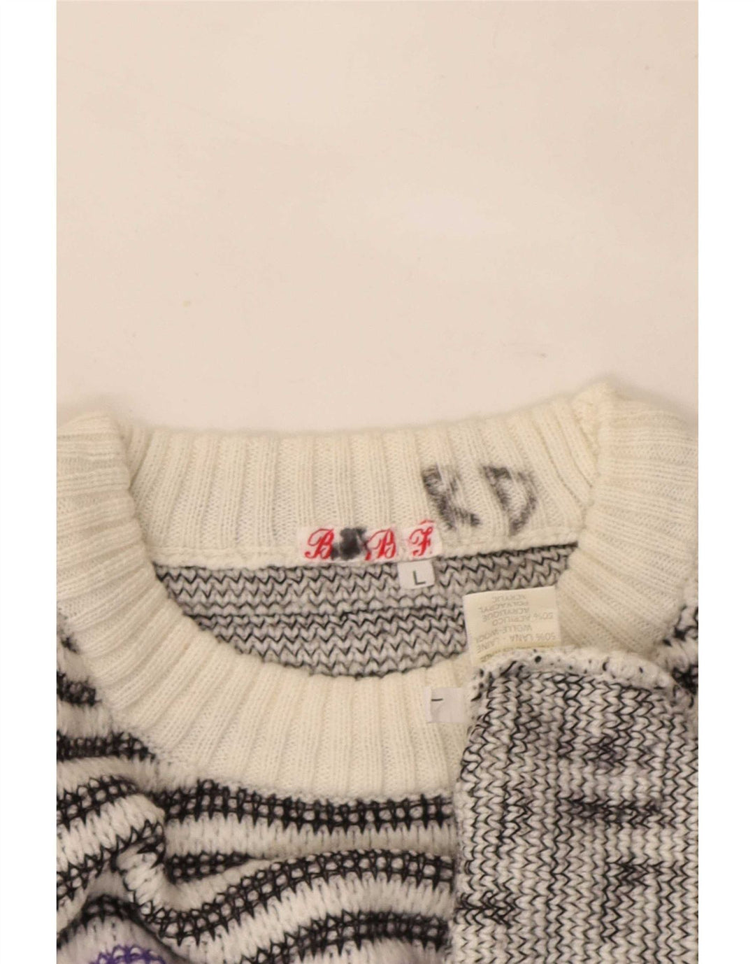 Vintage Herren-Pullover mit Rundhalsausschnitt, große weiße geometrische Wolle