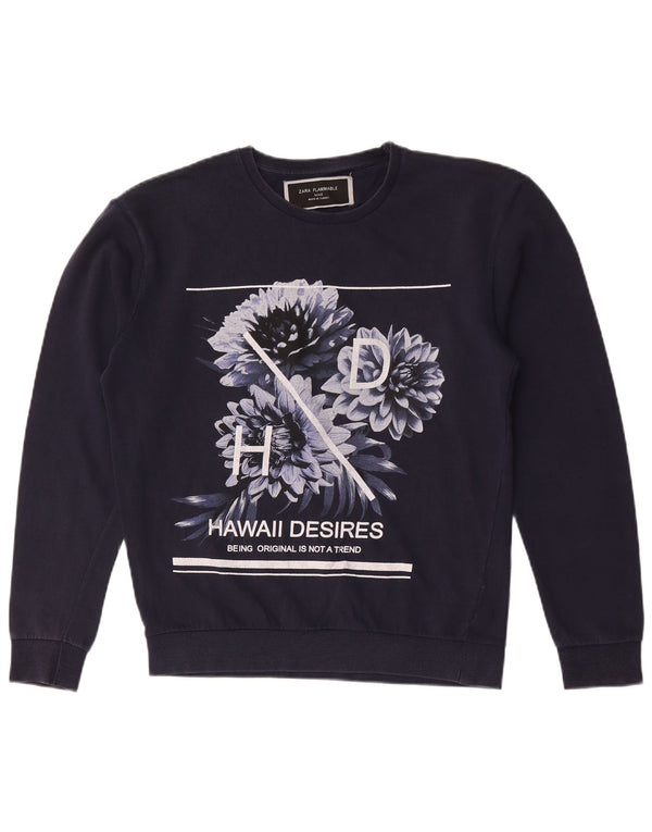 Zara Womens Graphic Sweatshirt Jumper UK 14 Medium Navy Blue Floral