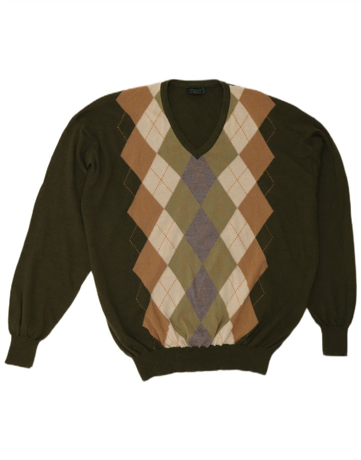 Novelli Mens V-Neck Jumper Sweater IT 58 2XL Khaki Argyle/Diamond