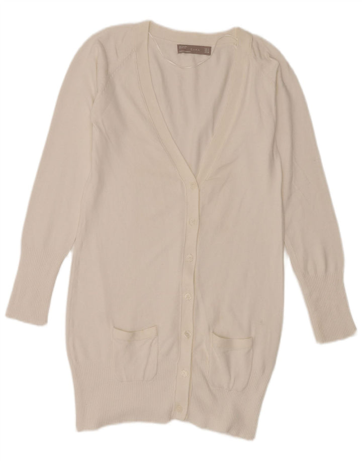 Zara Womens Longline Cardigan Sweater UK 12 Medium White Bomuld