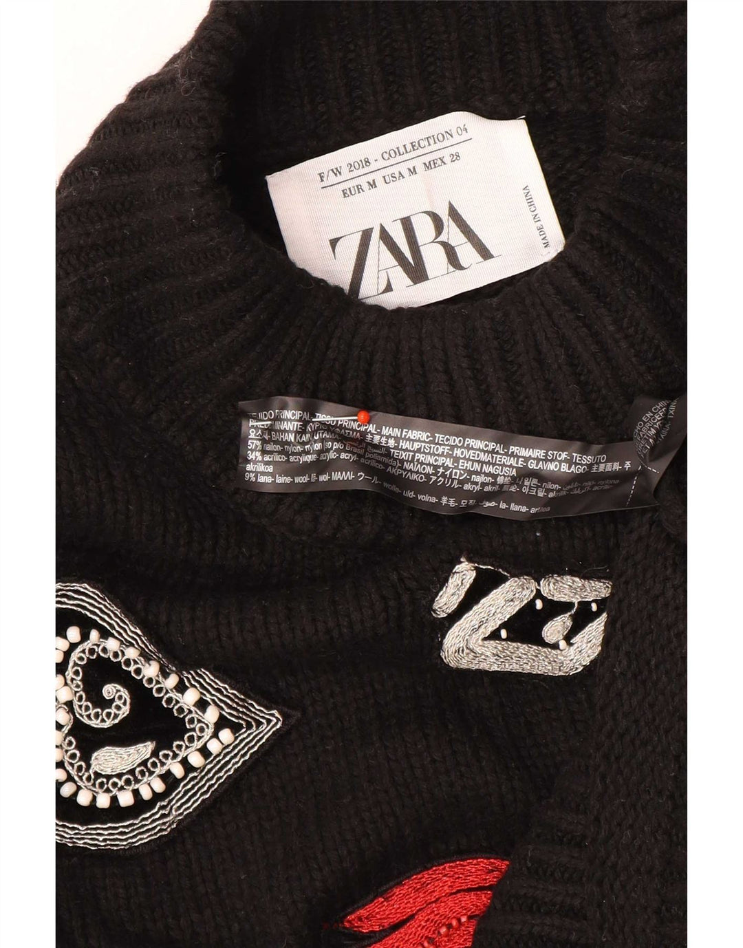 Zara Pull graphique à col roulé pour femme UK 12 Noir moyen