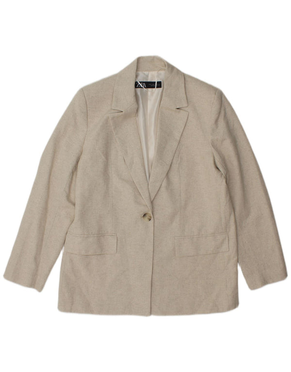 Zara Womens 1 Button Blazer Jacket UK 14 Medium Beige Herringbone Acetate