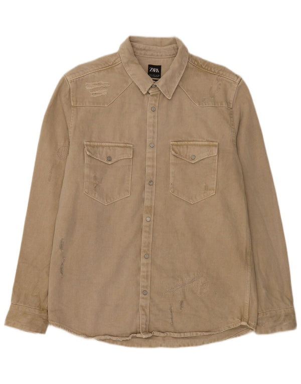 Zara Chemise en jean coupe décontractée en détresse pour homme, grand coton beige