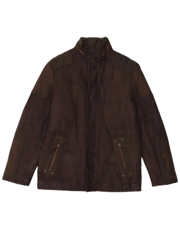 Giacca in pelle vintage da uomo con cappuccio IT 52 grande marrone