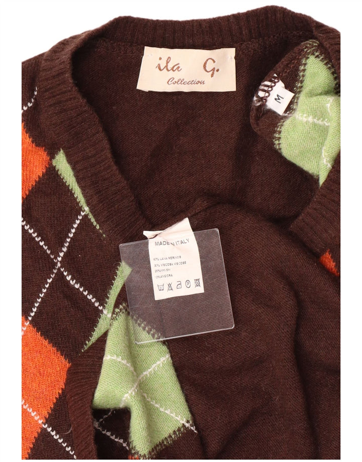 VINTAGE Womens V-Neck Jumper Sweater UK 12 Medium Brown Argyle/Diamond