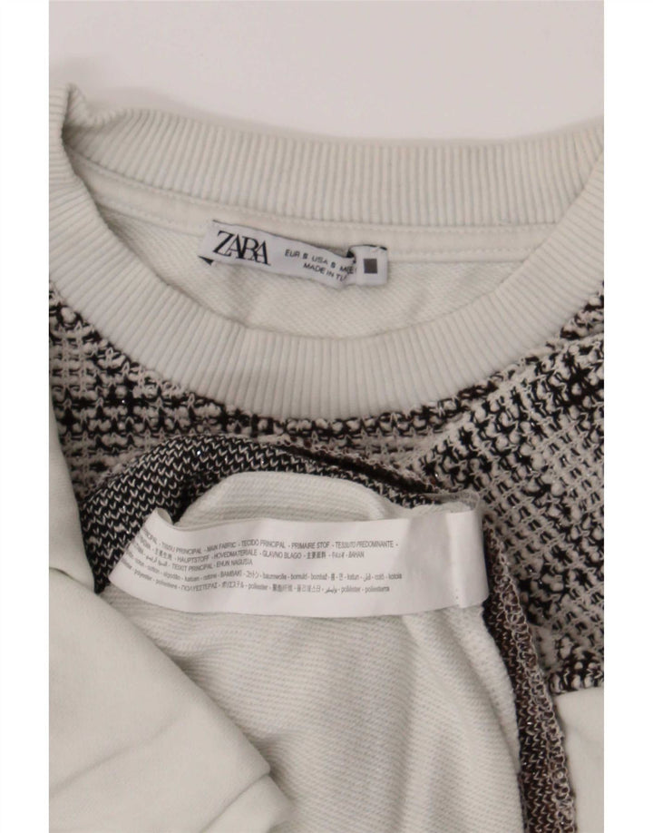 Zara Womens Crop Oversized Sweatshirt Jumper UK 10 Small White Check Cotton