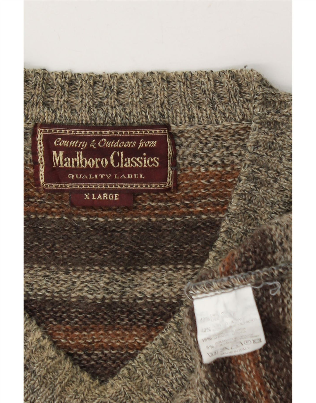 MARLBORO CLASSICS Mens V-Neck Jumper Sweater XL Brown Striped Wool