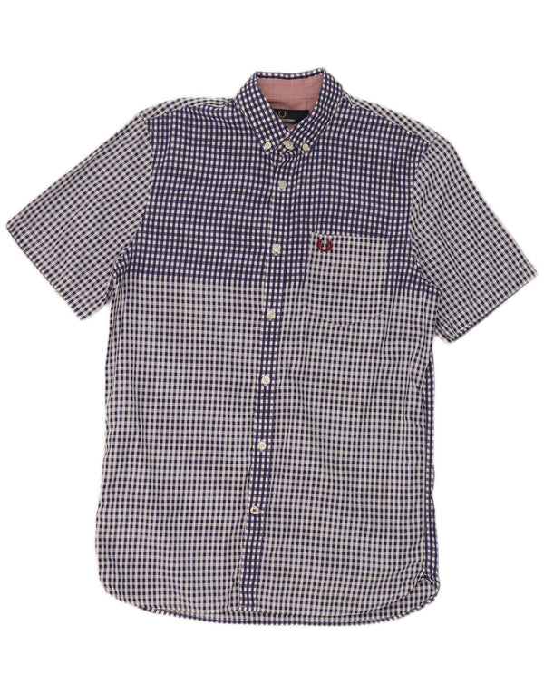 Fred Perry Chemise à manches courtes pour homme en coton à petits carreaux bleus