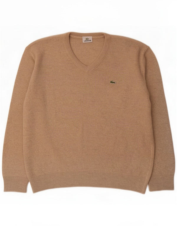 Lacoste Mens V-Neck Jumper Sweater Size 4 Medium Beige Wool