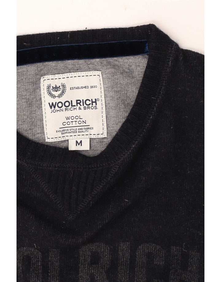 Woolrich Mens Graphic Boat Neck Jumper Sweater Medium Navy Blue Wool