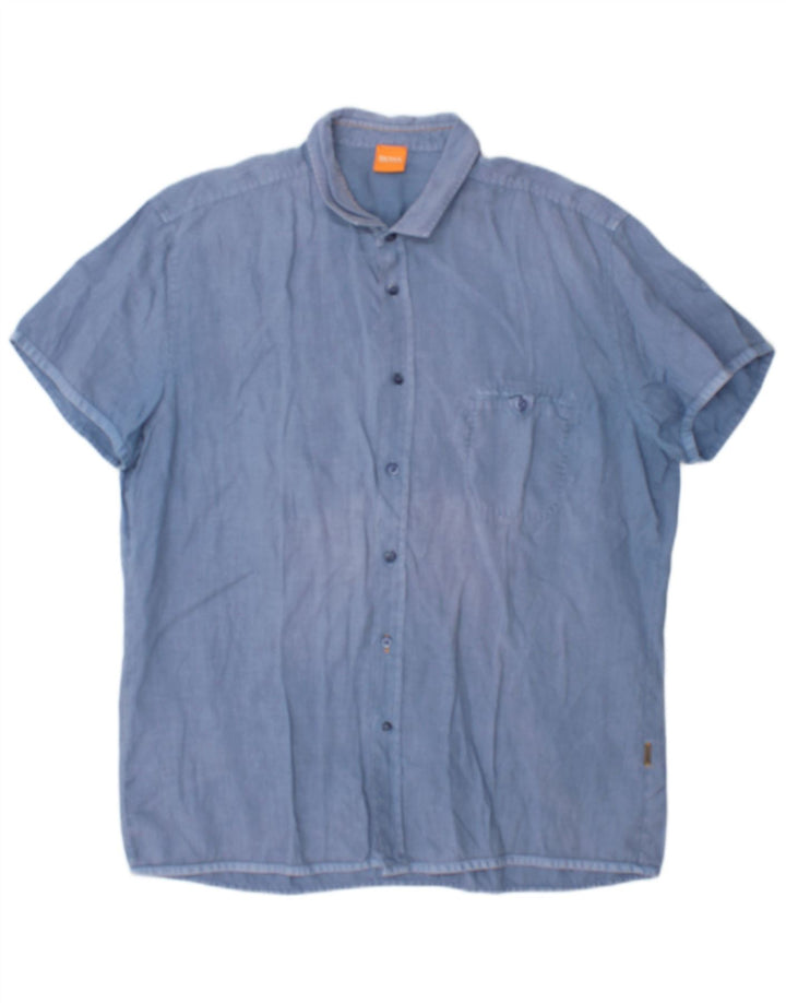 Hugo Boss Mens Short Sleeve Shirt XL Blue Cotton