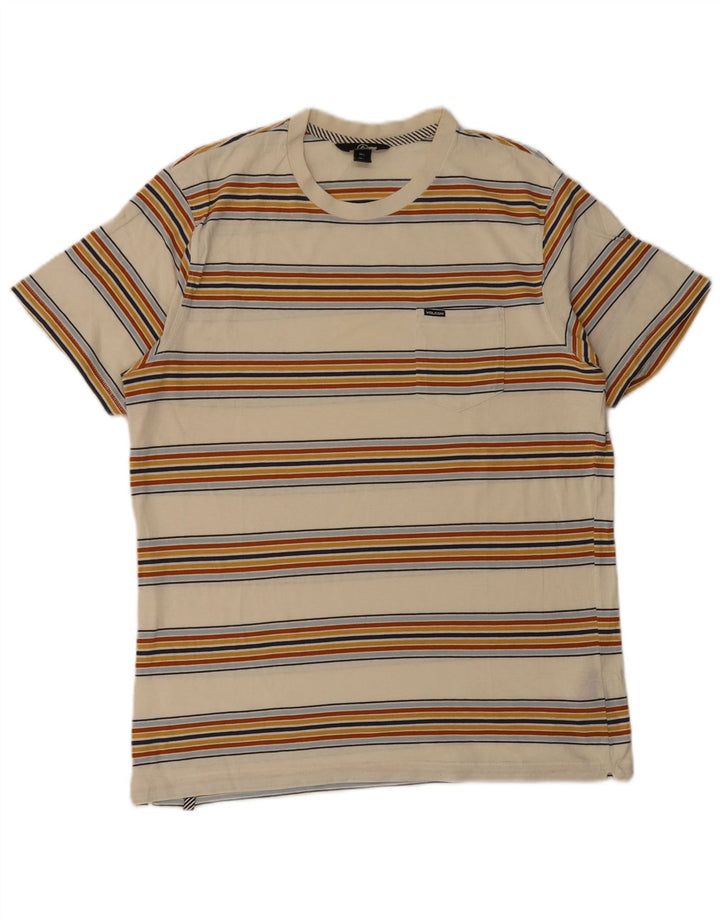 Volcom Mens T-Shirt Top Large Beige Striped Cotton