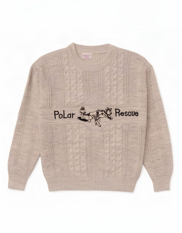 Vintage herre grafisk rund hals sweater medium grå flækket akryl